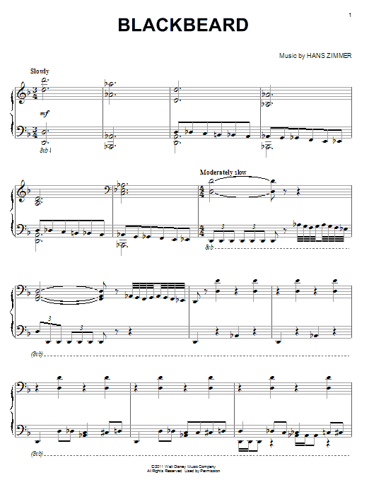 Hans Zimmer Blackbeard sheet music notes and chords arranged for Piano Solo