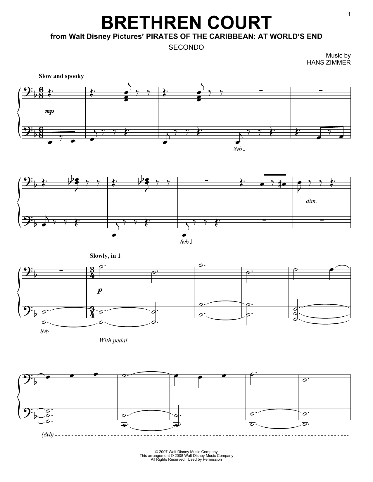 Hans Zimmer Brethren Court (from Pirates Of The Caribbean: At World's End) (arr. Carol Klose) sheet music notes and chords arranged for Piano Duet