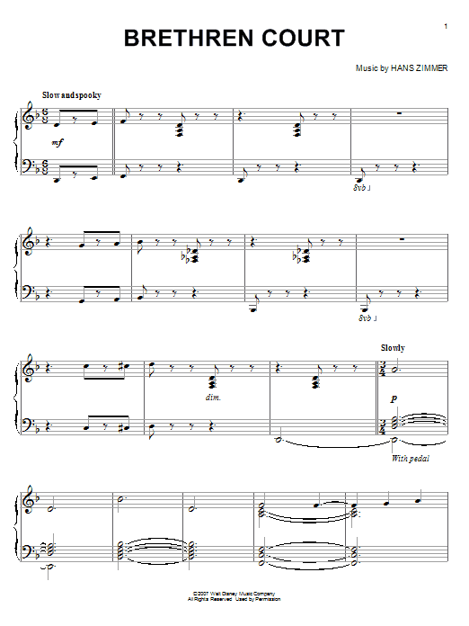 Hans Zimmer Brethren Court (from Pirates Of The Caribbean: At World's End) sheet music notes and chords arranged for Piano Solo