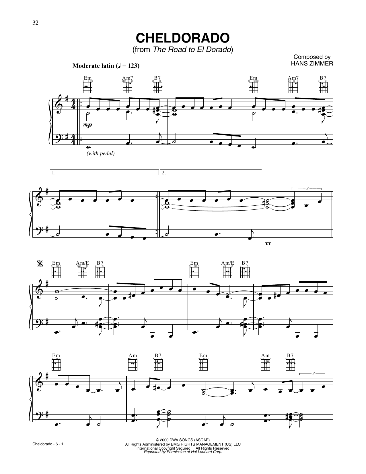 Hans Zimmer Cheldorado (from The Road To El Dorado) sheet music notes and chords arranged for Piano Solo