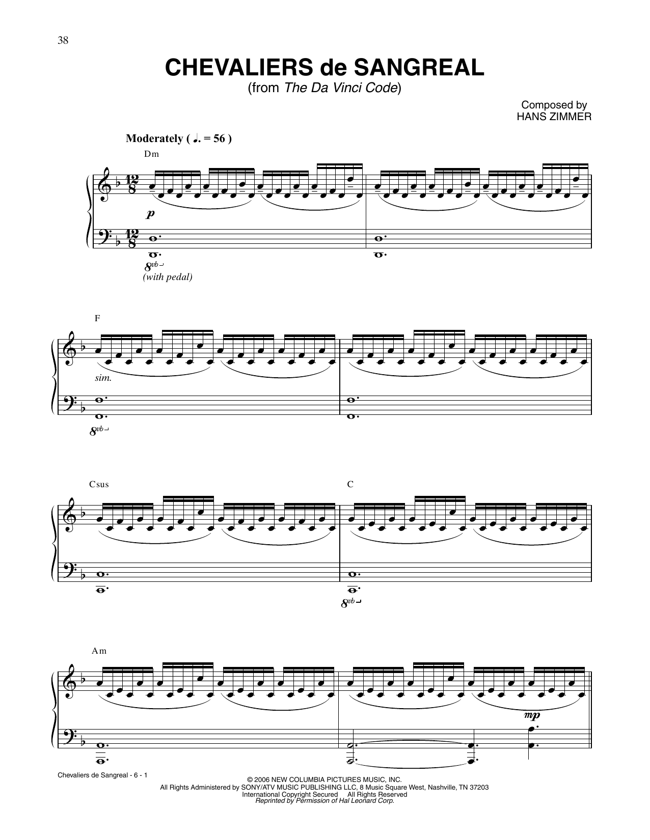 Hans Zimmer Chevalier De Sangreal (from The Da Vinci Code) sheet music notes and chords arranged for Piano Solo