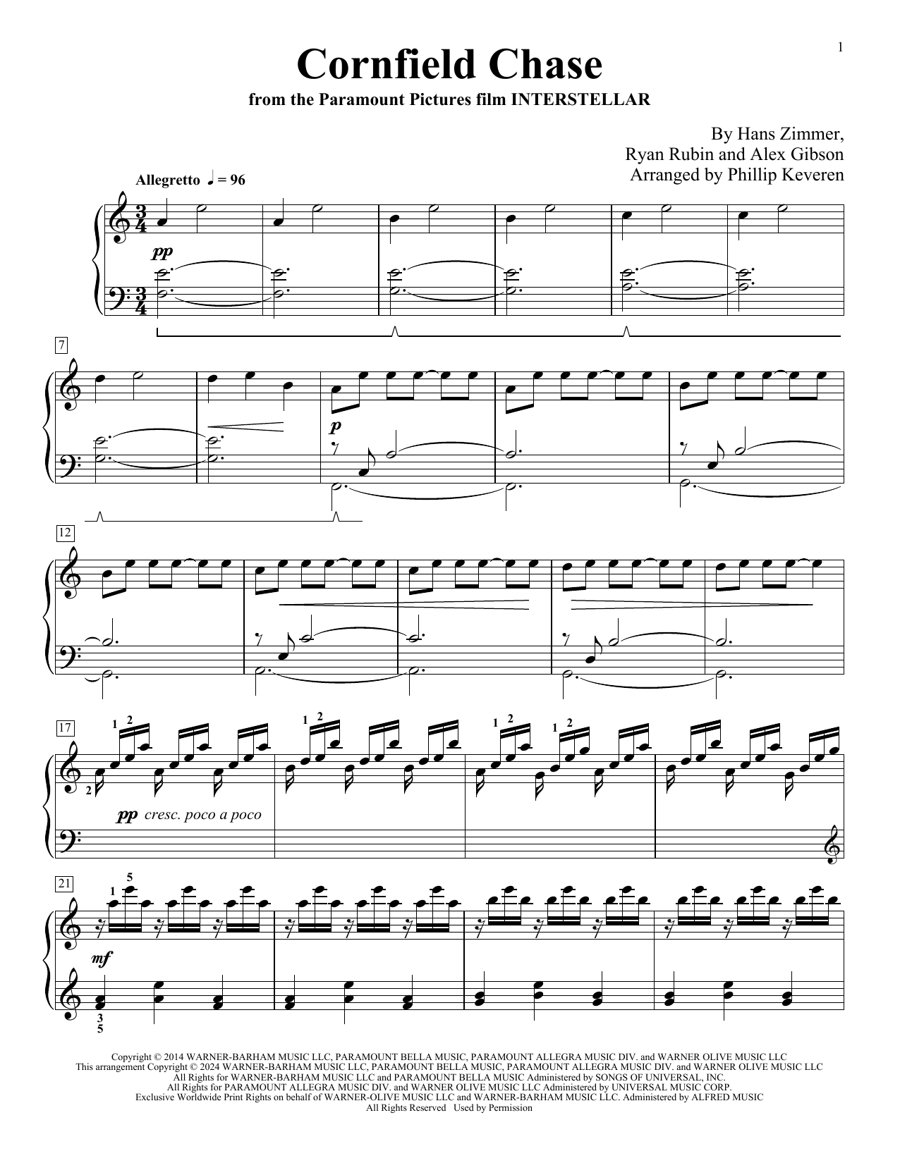 Hans Zimmer Cornfield Chase (from Interstellar) (arr. Phillip Keveren) sheet music notes and chords arranged for Piano Solo