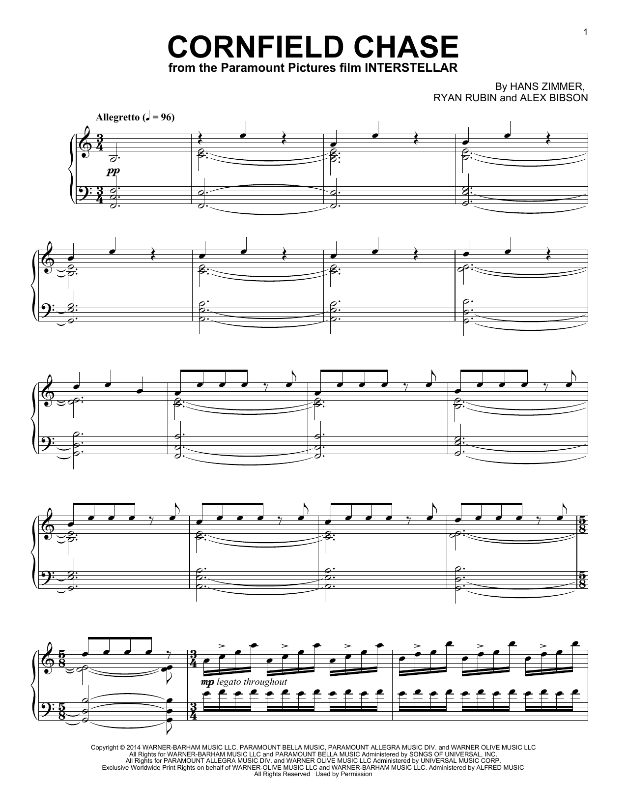 Hans Zimmer Cornfield Chase (from Interstellar) sheet music notes and chords arranged for Piano Solo