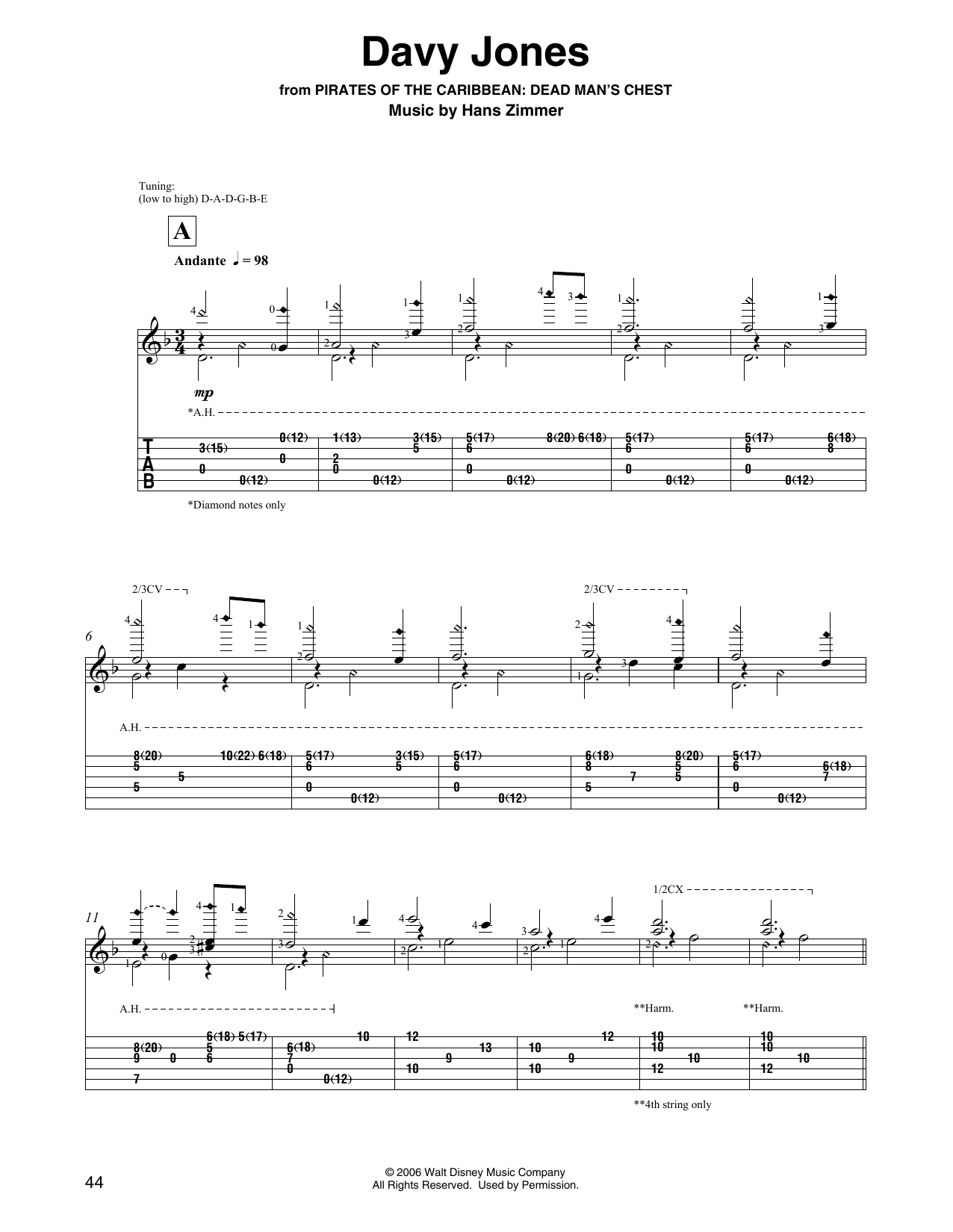 Hans Zimmer Davy Jones (from Pirates Of The Caribbean: Dead Man's Chest) sheet music notes and chords arranged for Solo Guitar