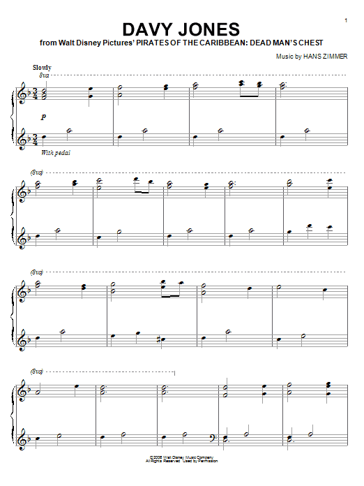 Hans Zimmer Davy Jones (from Pirates Of The Caribbean: Dead Man's Chest) sheet music notes and chords arranged for Piano Solo