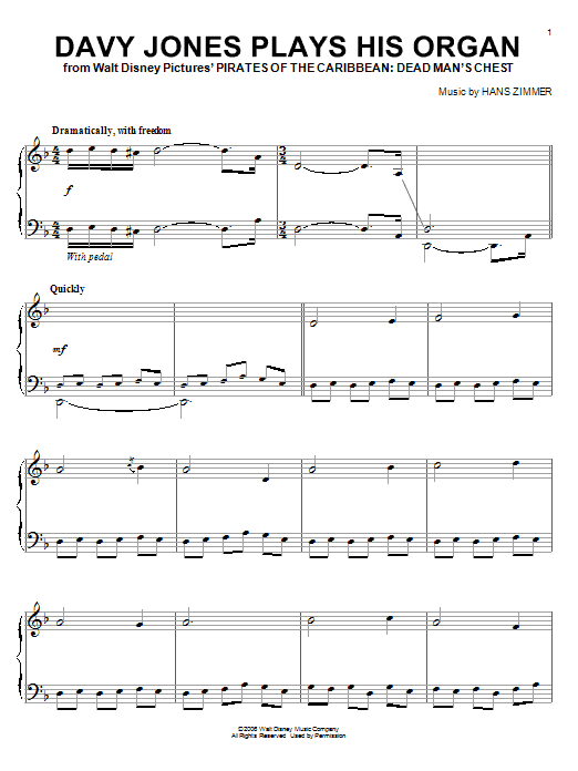 Hans Zimmer Davy Jones Plays His Organ (from Pirates Of The Caribbean: Dead Man's Chest) sheet music notes and chords arranged for 5-Finger Piano