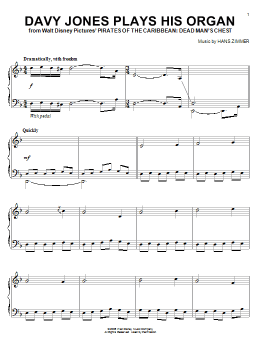 Hans Zimmer Davy Jones Plays His Organ (from Pirates Of The Caribbean: Dead Man's Chest) sheet music notes and chords arranged for Piano Solo