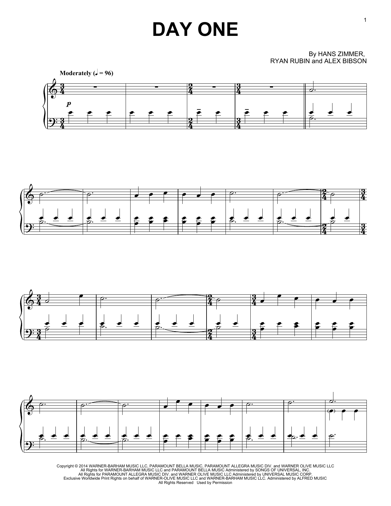 Hans Zimmer Day One (from Interstellar) sheet music notes and chords arranged for Piano Solo