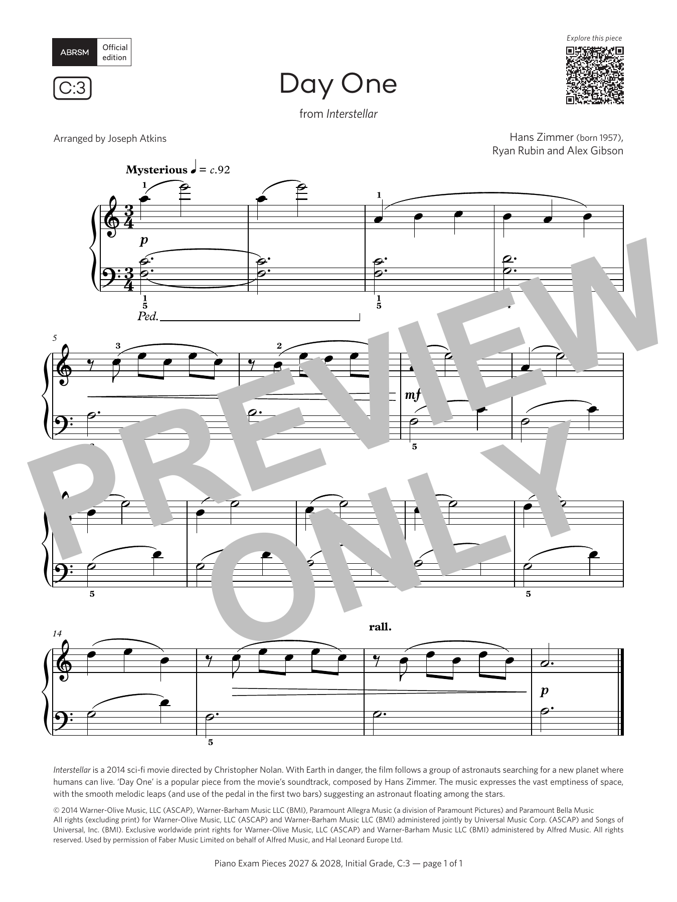 Hans Zimmer Day One (Grade Initial, list C3, from the ABRSM Piano Syllabus 2027 & 2028) sheet music notes and chords arranged for Piano Solo