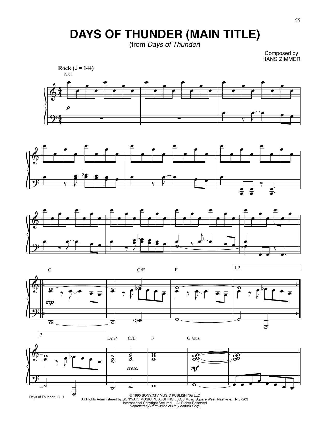 Hans Zimmer Days Of Thunder (Main Title) sheet music notes and chords arranged for Piano Solo