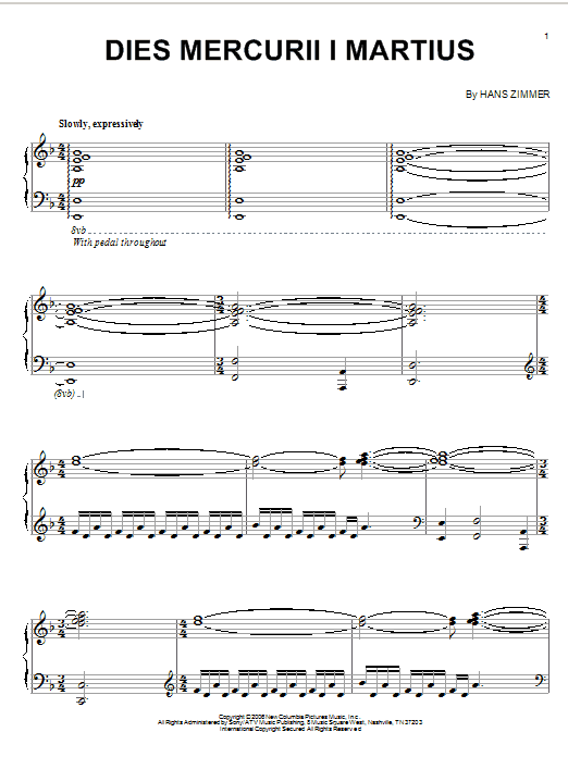 Hans Zimmer Dies Mercurii I Martius sheet music notes and chords arranged for Piano Solo