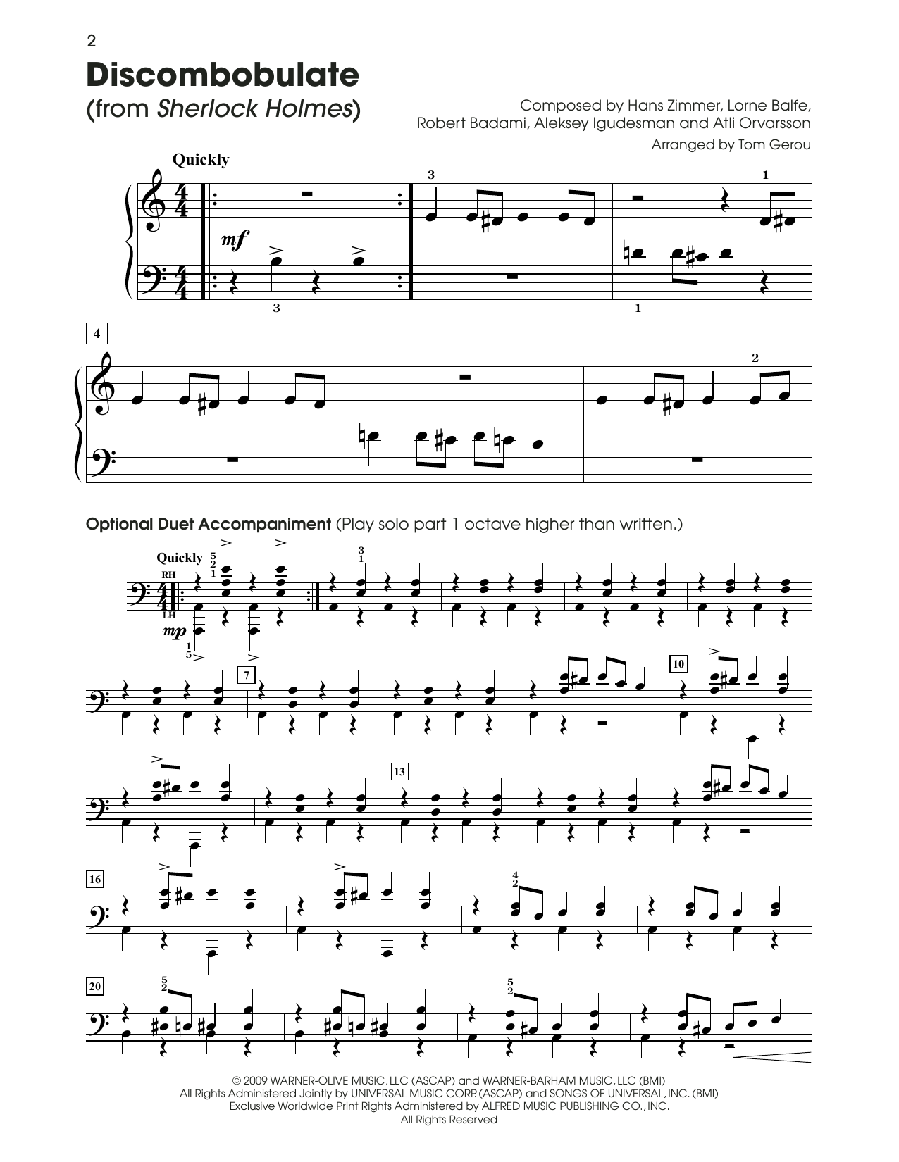 Hans Zimmer Discombobulate (Theme from Sherlock Holmes) (arr. Tom Gerou) sheet music notes and chords arranged for 5-Finger Piano