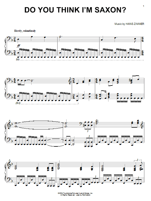 Hans Zimmer Do You Think I'm Saxon? sheet music notes and chords arranged for Piano Solo