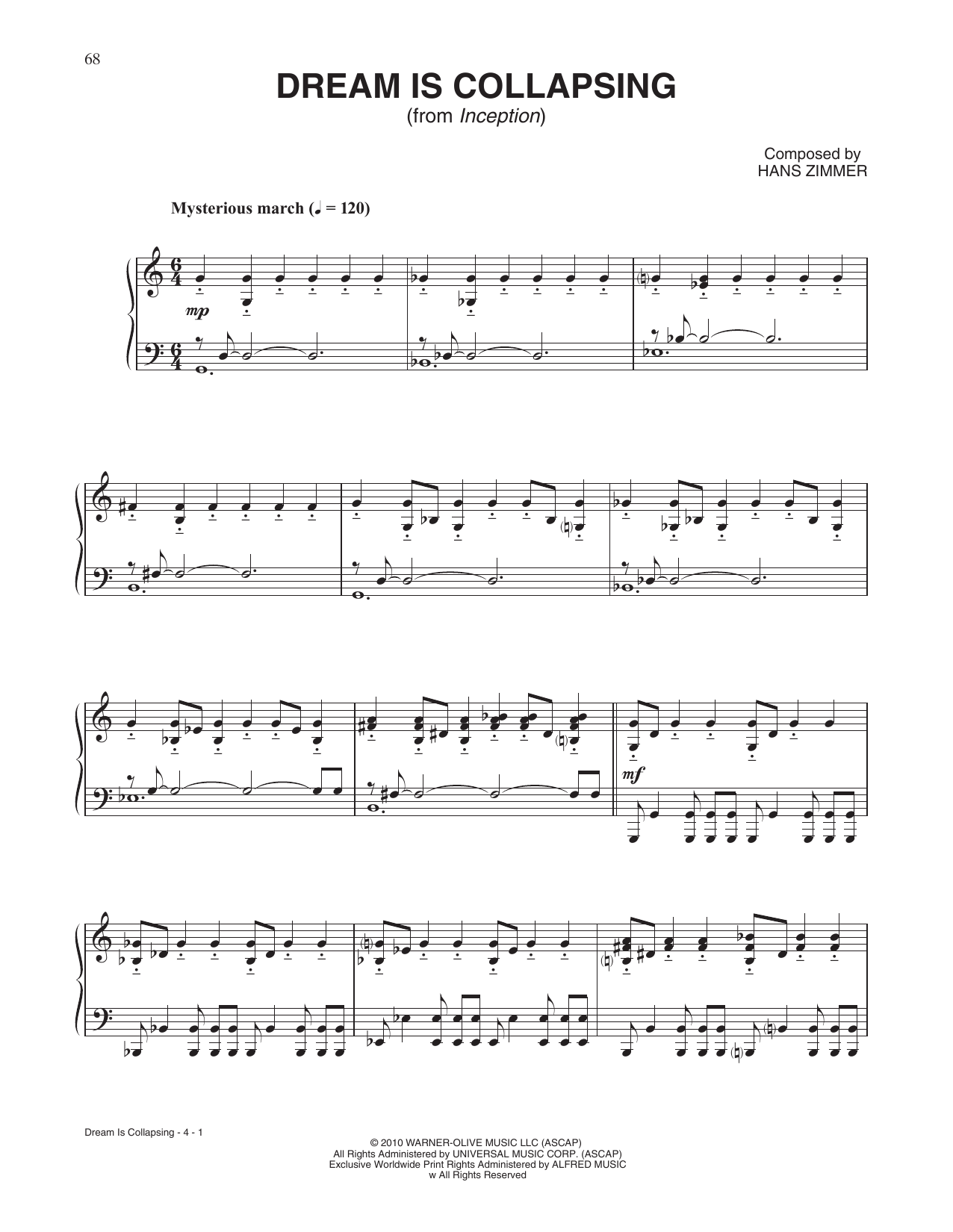 Hans Zimmer Dream Is Collapsing (from Inception) sheet music notes and chords arranged for Piano Solo