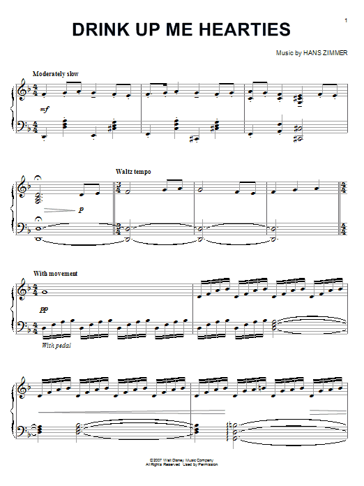 Hans Zimmer Drink Up Me Hearties (from Pirates Of The Caribbean: At World's End) sheet music notes and chords arranged for Easy Piano
