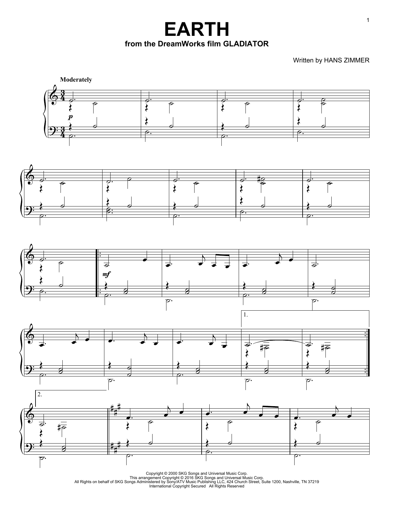 Hans Zimmer Earth sheet music notes and chords arranged for Piano Solo
