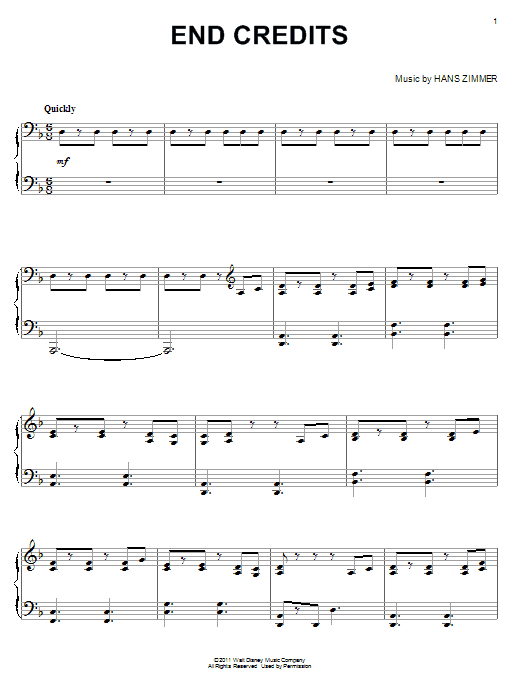 Hans Zimmer End Credits sheet music notes and chords arranged for Easy Piano