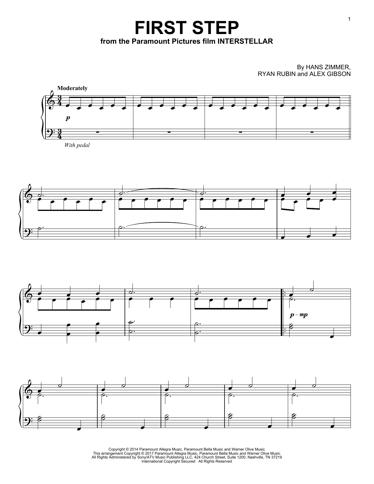 Hans Zimmer First Step (from Interstellar) sheet music notes and chords arranged for Piano Solo
