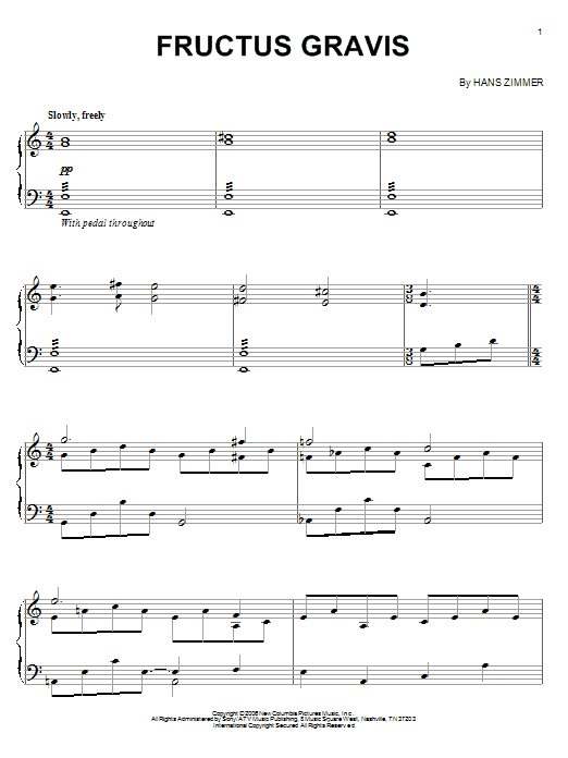 Hans Zimmer Fructus Gravis sheet music notes and chords arranged for Piano Solo