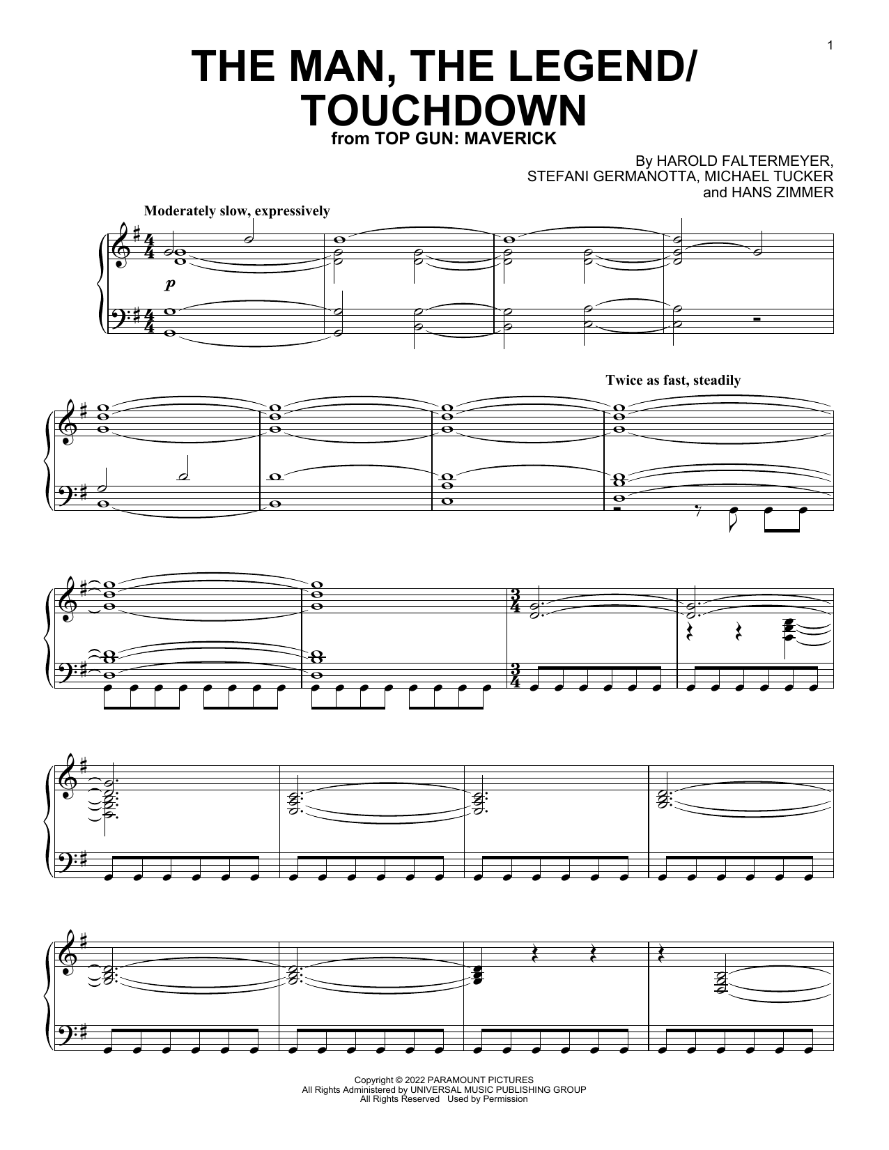 Hans Zimmer, Harold Faltermeyer, Lady Gaga & Lorne Balfe The Man, The Legend / Touchdown (from Top Gun: Maverick) sheet music notes and chords arranged for Piano Solo
