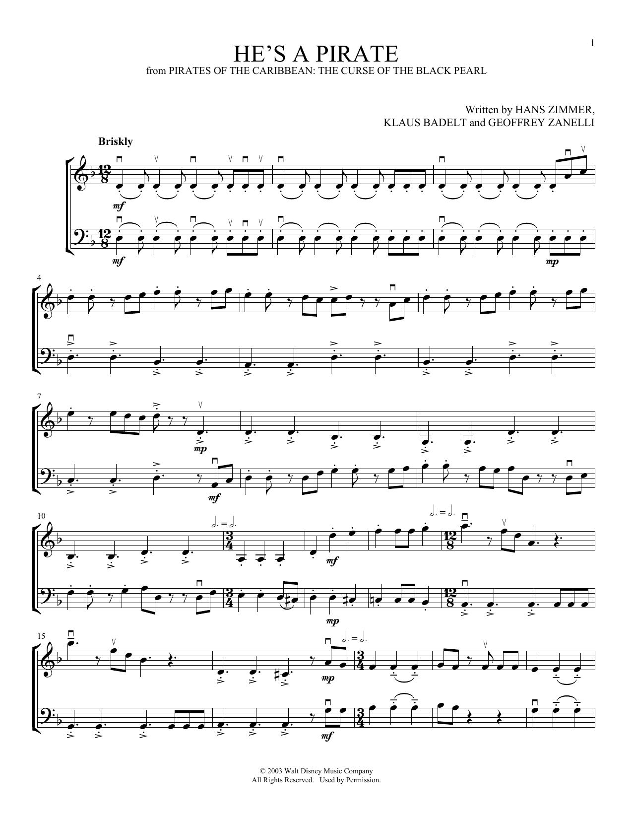 Hans Zimmer He's A Pirate (from Pirates Of The Caribbean: The Curse Of The Black Pearl) (arr. Michelle Hynson) sheet music notes and chords arranged for Instrumental Duet