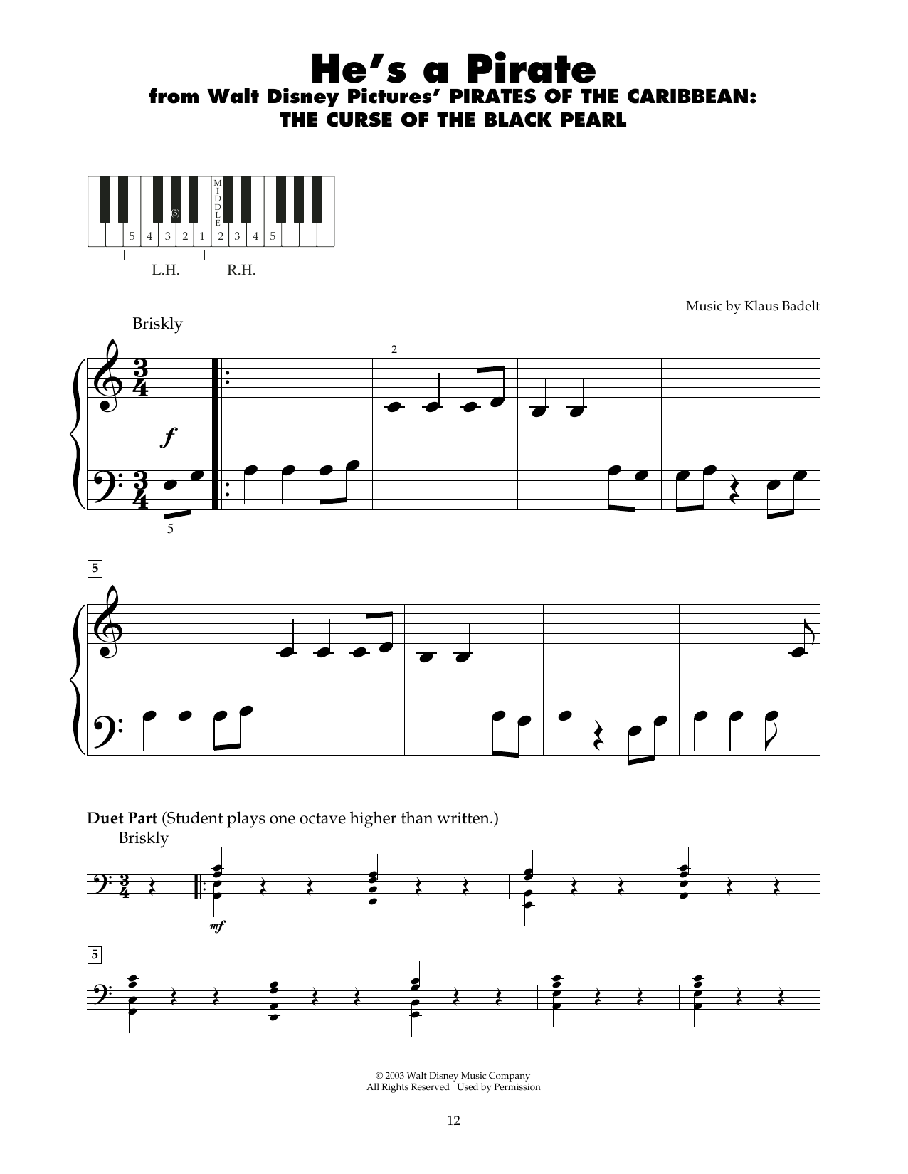 Hans Zimmer He's A Pirate (from Pirates Of The Caribbean: The Curse of the Black Pearl) sheet music notes and chords arranged for 5-Finger Piano