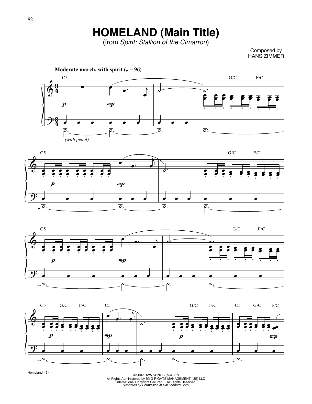 Hans Zimmer Homeland (Main Title) (from Spirit: Stallion Of The Cimarron) sheet music notes and chords arranged for Piano Solo