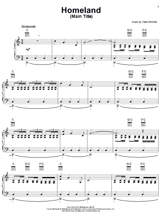 Hans Zimmer Homeland (Main Title) sheet music notes and chords arranged for Piano, Vocal & Guitar Chords (Right-Hand Melody)