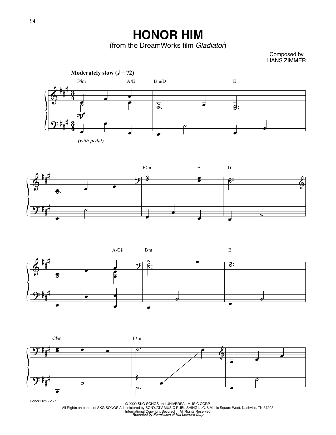 Hans Zimmer Honor Him (from Gladiator) sheet music notes and chords arranged for Piano Solo