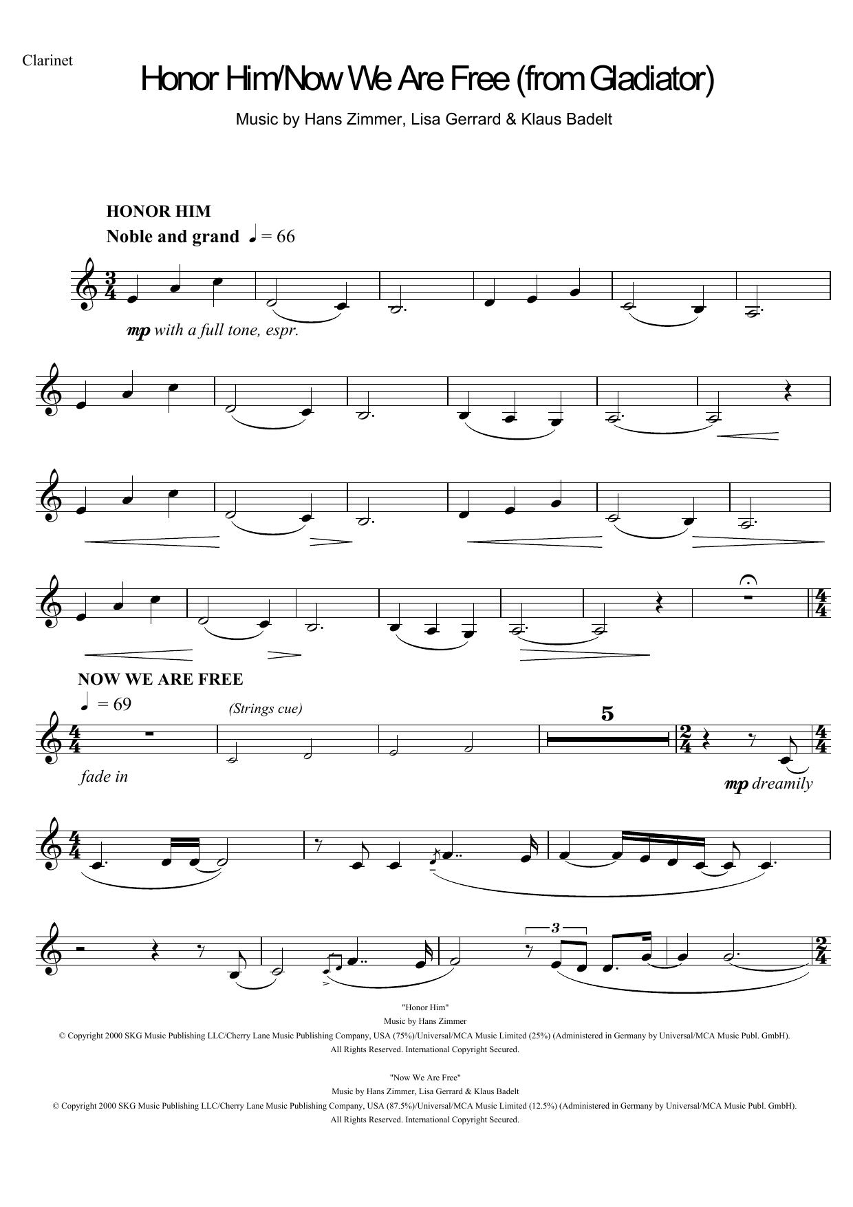 Hans Zimmer Honor Him/Now We Are Free (from Gladiator) sheet music notes and chords arranged for Violin Solo