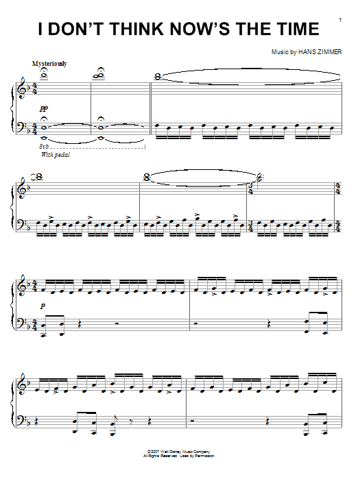Hans Zimmer I Don't Think Now's The Time (from Pirates Of The Caribbean: At World's End) sheet music notes and chords arranged for Easy Piano