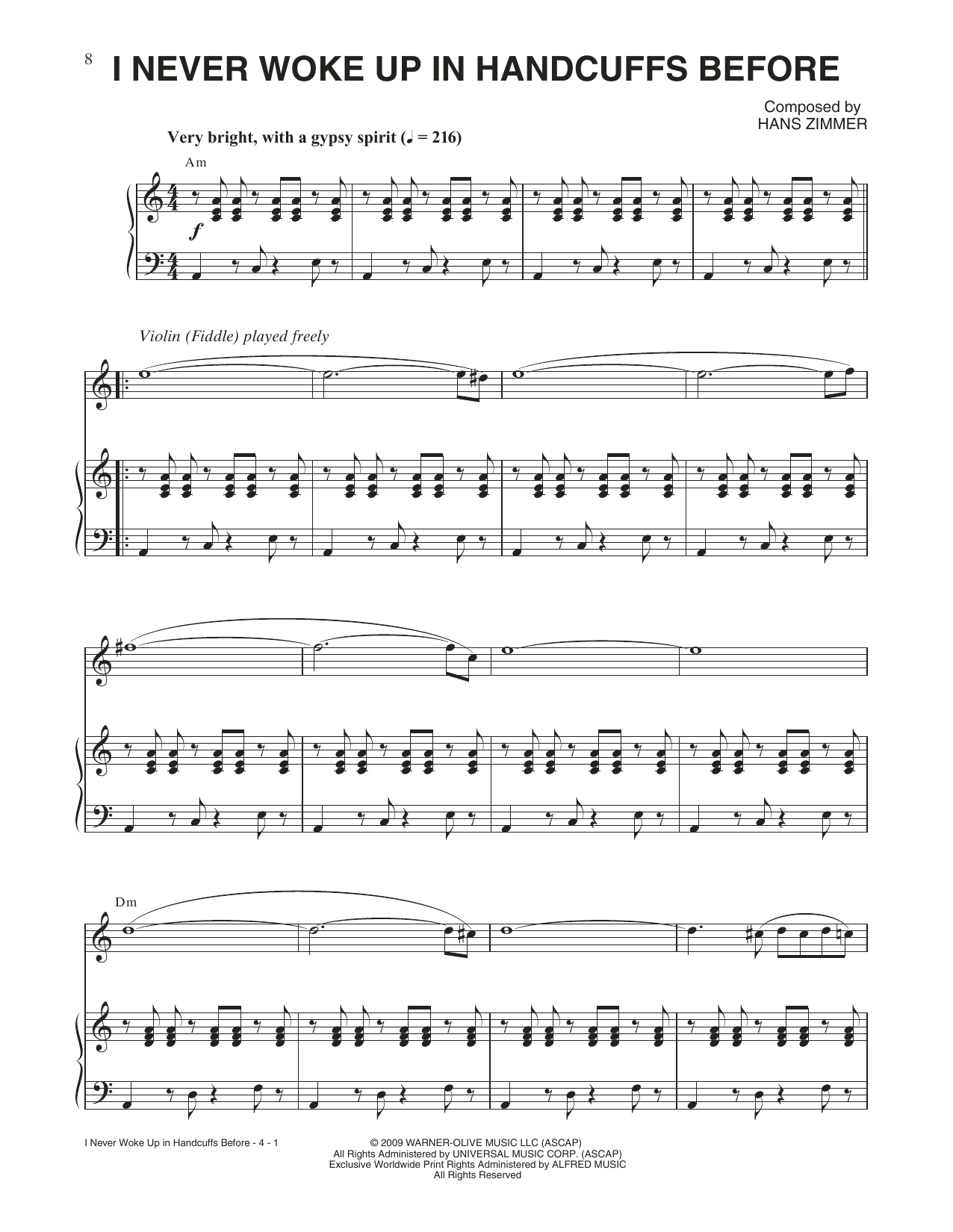 Hans Zimmer I Never Woke Up In Handcuffs Before (from Sherlock Holmes) sheet music notes and chords arranged for Piano Solo