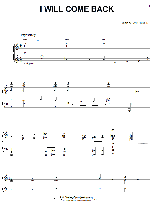 Hans Zimmer I Will Come Back sheet music notes and chords arranged for Piano Solo