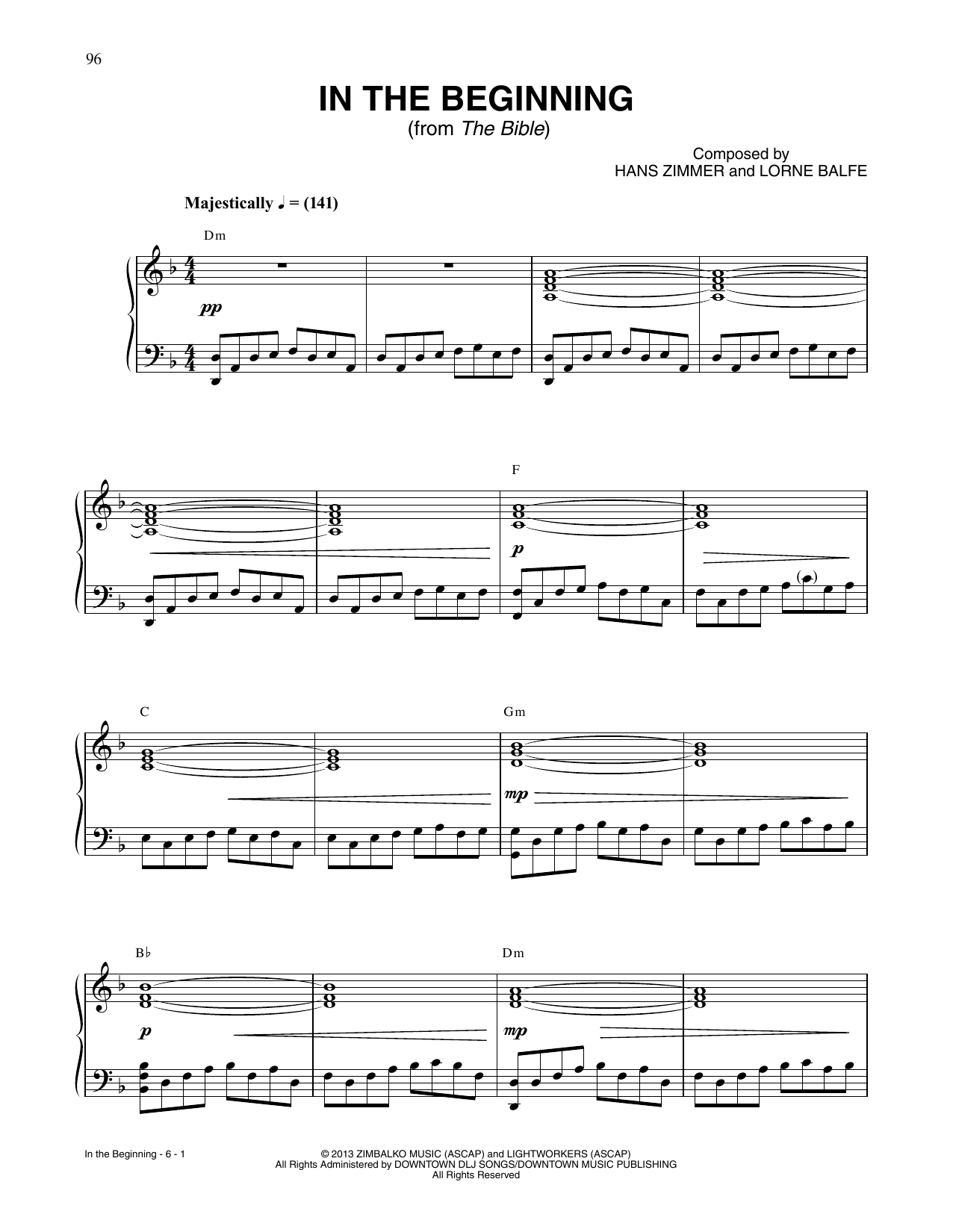 Hans Zimmer In The Beginning (from The Bible) sheet music notes and chords arranged for Piano Solo