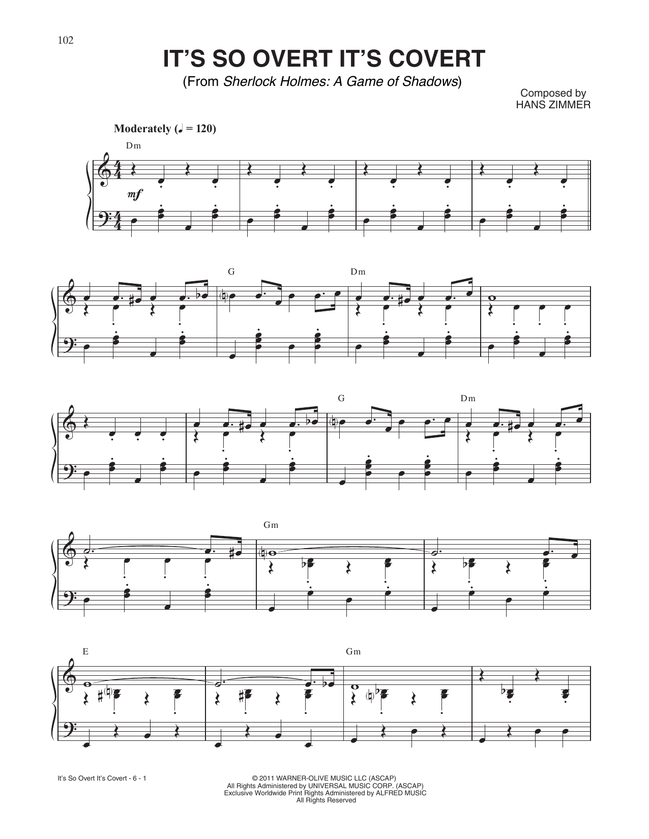 Hans Zimmer It's So Overt It's Covert (from Sherlock Holmes: A Game Of Shadows) sheet music notes and chords arranged for Piano Solo