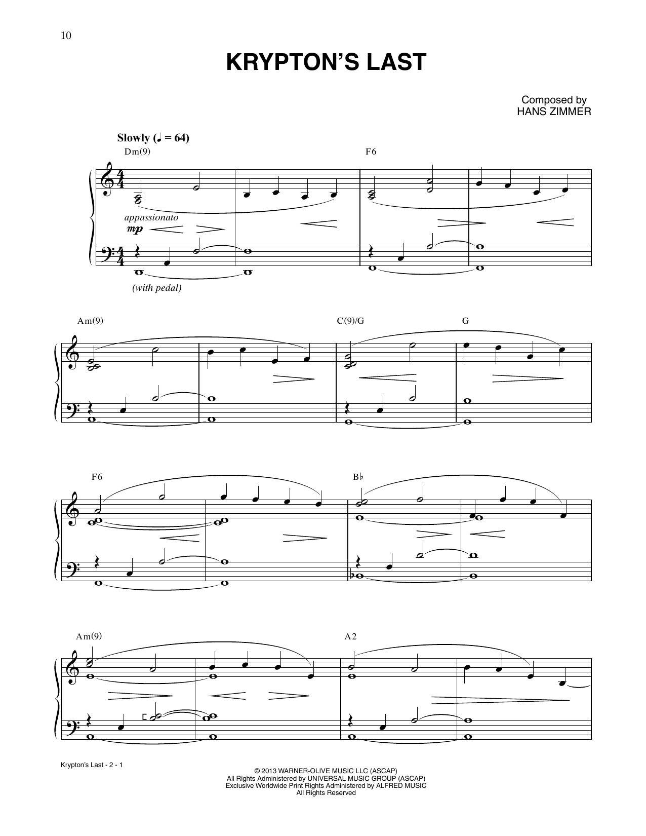 Hans Zimmer Krypton's Last (from Man Of Steel) sheet music notes and chords arranged for Piano Solo