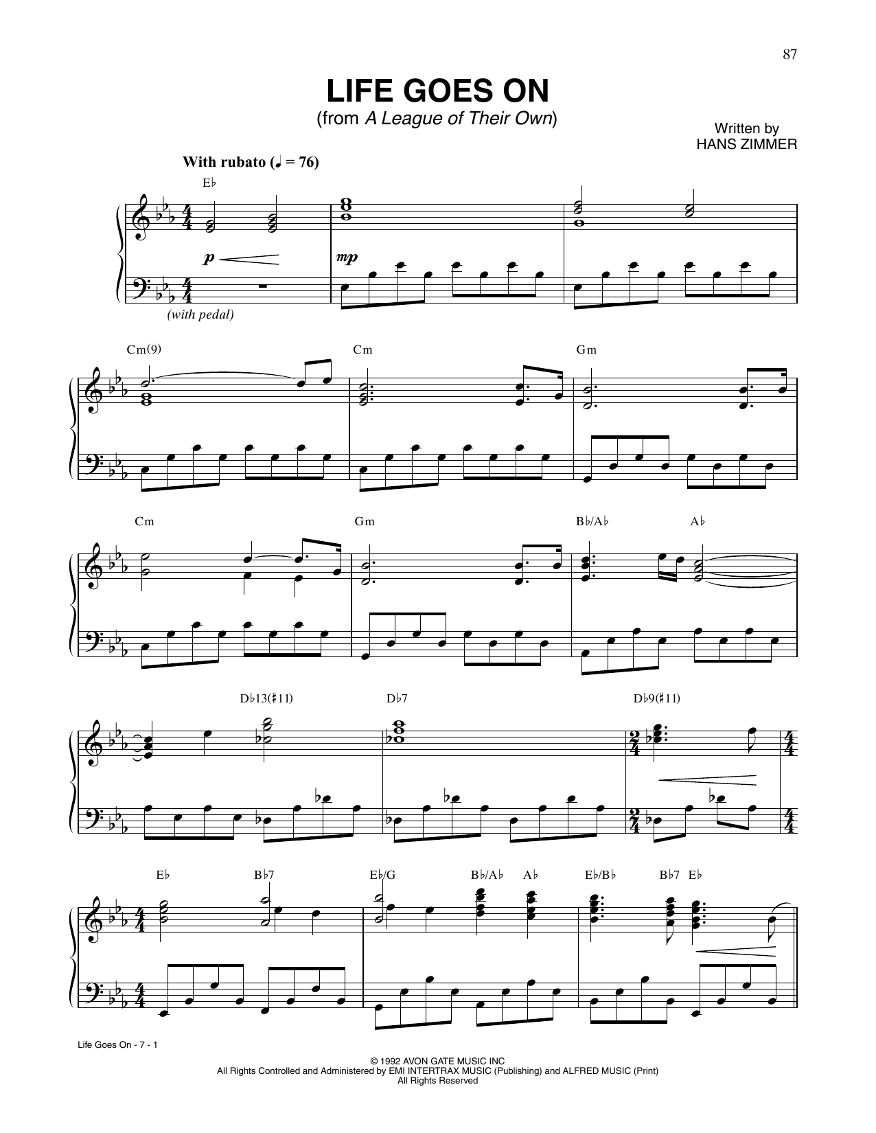 Hans Zimmer Life Goes On (from A League Of Their Own) sheet music notes and chords arranged for Piano Solo