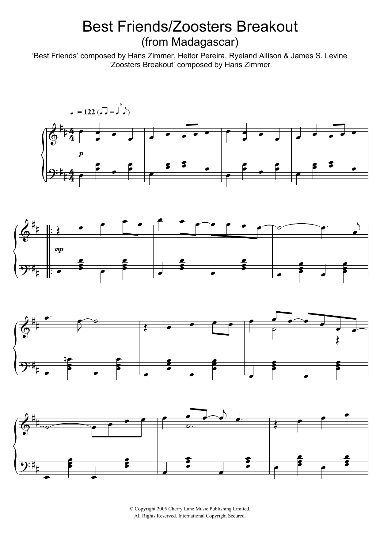 Hans Zimmer Madagascar (Best Friends/Zoosters Breakout) sheet music notes and chords arranged for Piano Solo