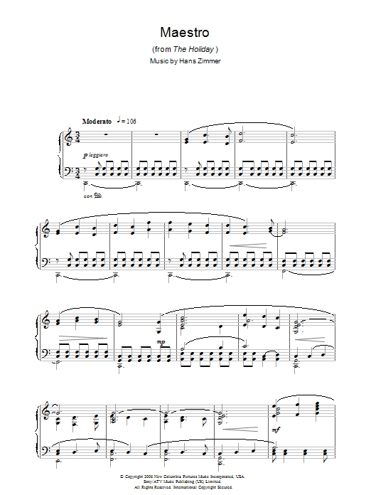 Hans Zimmer Maestro (from The Holiday) sheet music notes and chords arranged for Very Easy Piano