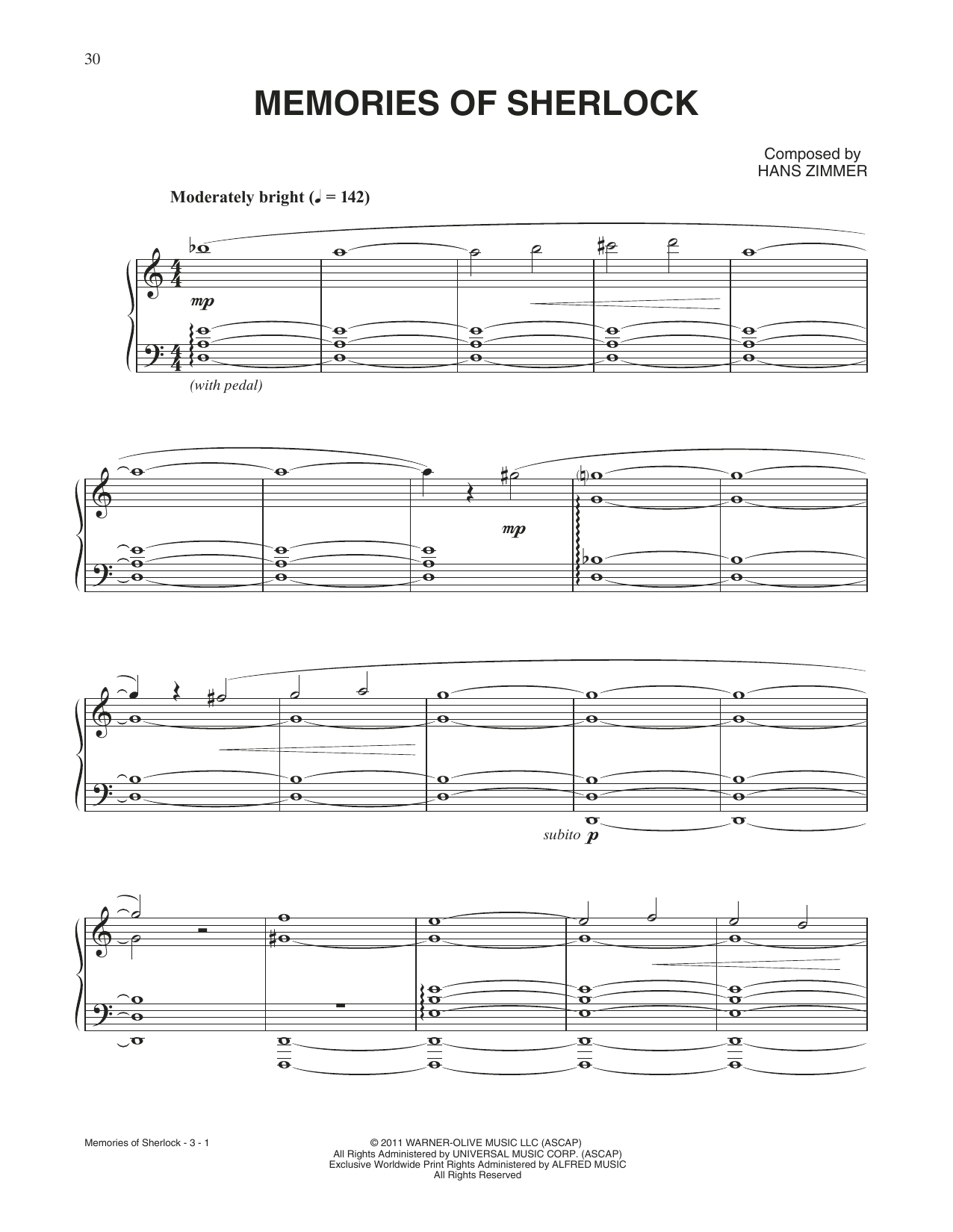 Hans Zimmer Memories Of Sherlock (from Sherlock Holmes: A Game Of Shadows) sheet music notes and chords arranged for Piano Solo