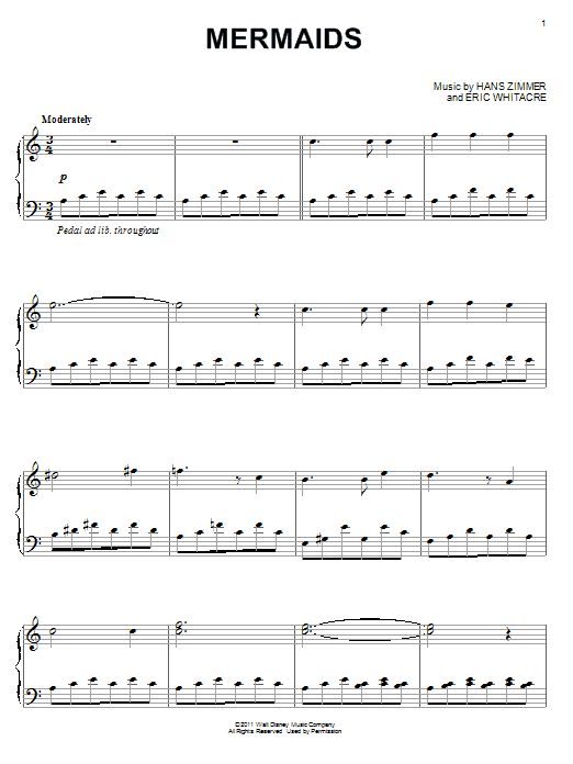 Hans Zimmer Mermaids sheet music notes and chords arranged for Piano Solo