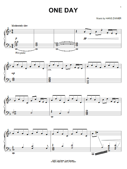 Hans Zimmer One Day (from Pirates Of The Caribbean: At World's End) sheet music notes and chords arranged for Big Note Piano