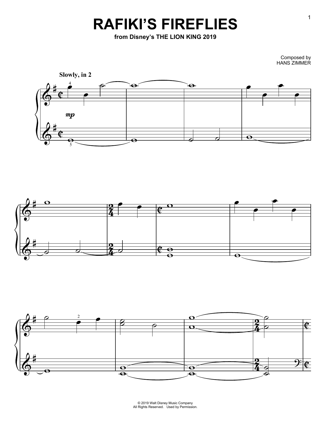 Hans Zimmer Rafiki's Fireflies (from The Lion King 2019) sheet music notes and chords arranged for Big Note Piano
