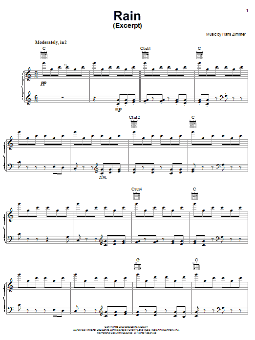Hans Zimmer Rain sheet music notes and chords arranged for Piano, Vocal & Guitar Chords (Right-Hand Melody)