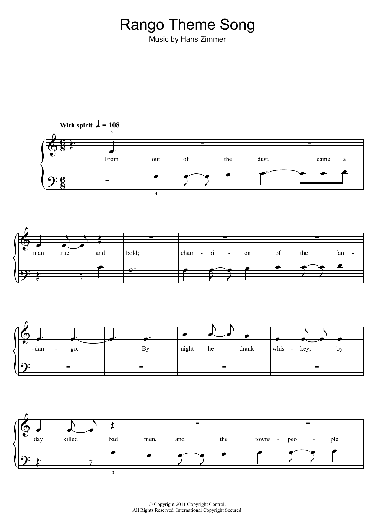 Hans Zimmer Rango Theme Song sheet music notes and chords arranged for 5-Finger Piano