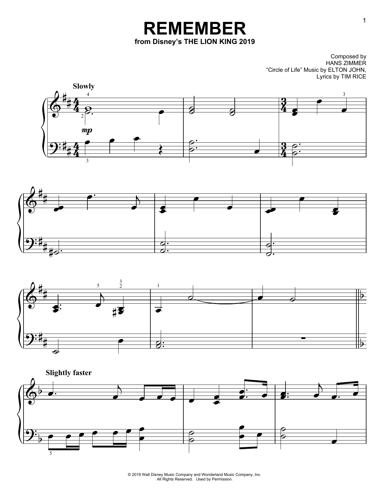 Hans Zimmer Remember (from The Lion King 2019) sheet music notes and chords arranged for Piano Solo