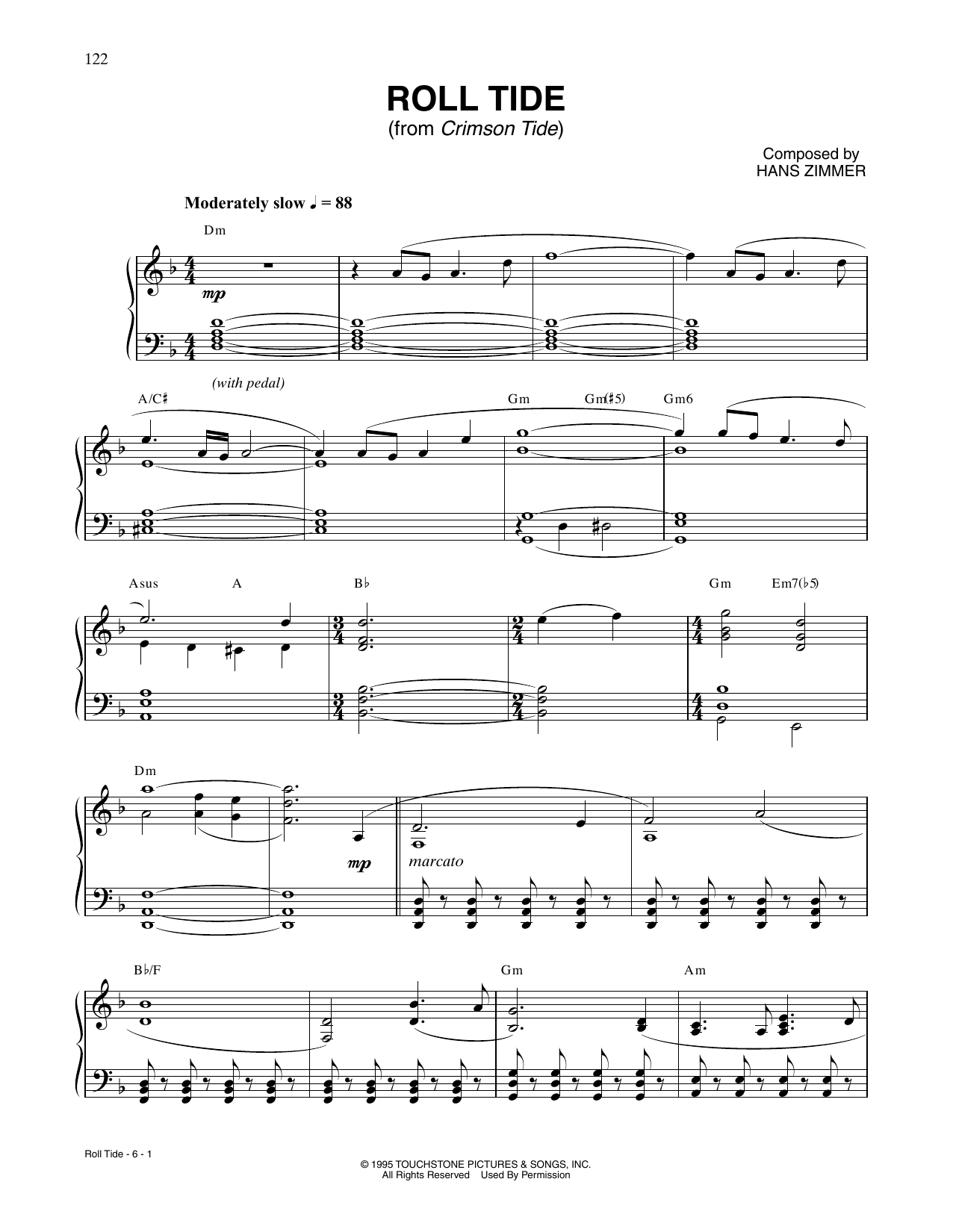 Hans Zimmer Roll Tide (from Crimson Tide) sheet music notes and chords arranged for Piano Solo