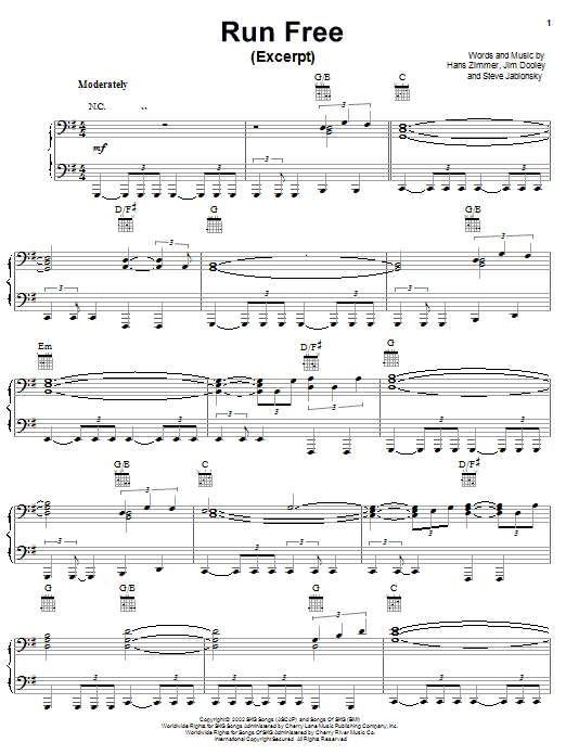 Hans Zimmer Run Free sheet music notes and chords arranged for Piano, Vocal & Guitar Chords (Right-Hand Melody)