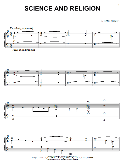 Hans Zimmer Science And Religion sheet music notes and chords arranged for Piano Solo