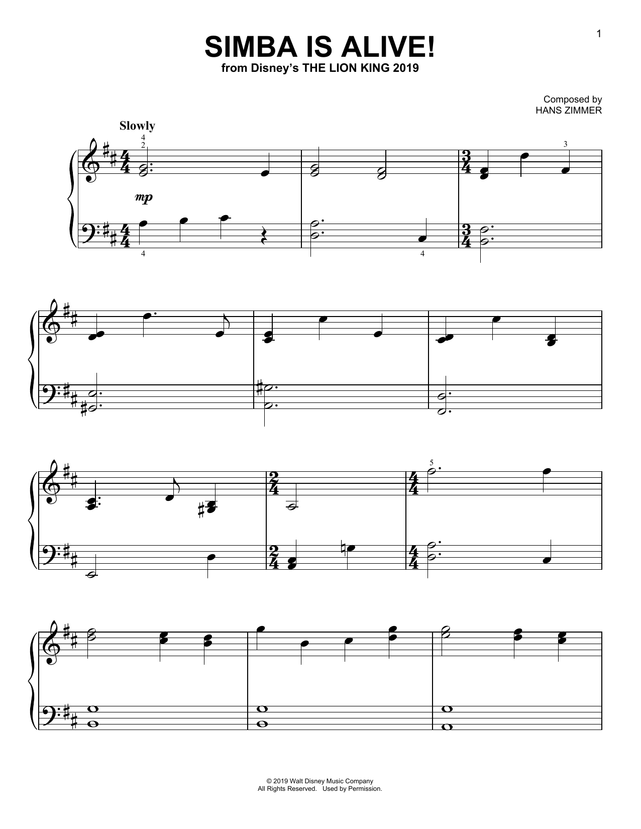 Hans Zimmer Simba Is Alive! (from The Lion King 2019) sheet music notes and chords arranged for Easy Piano